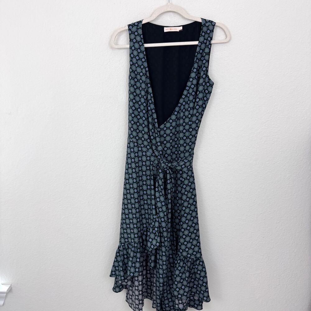 Tory Burch Womens Ruffle Wrap Sleeveless Dress Size 4 Batik Medallion Black